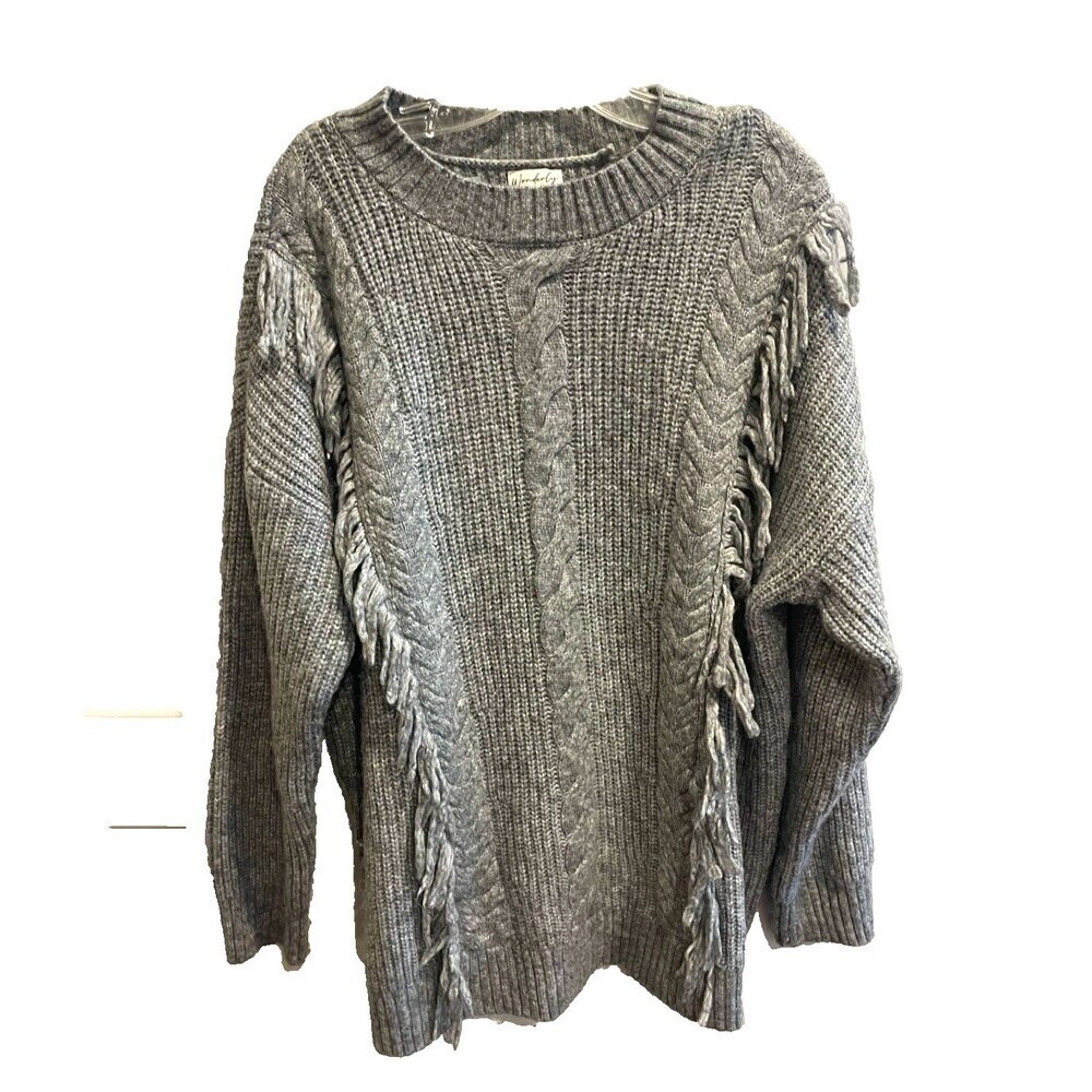 Wonderly Gray Fringe Knit Sweater Tunic Western Classic Minimalist XL Oversized